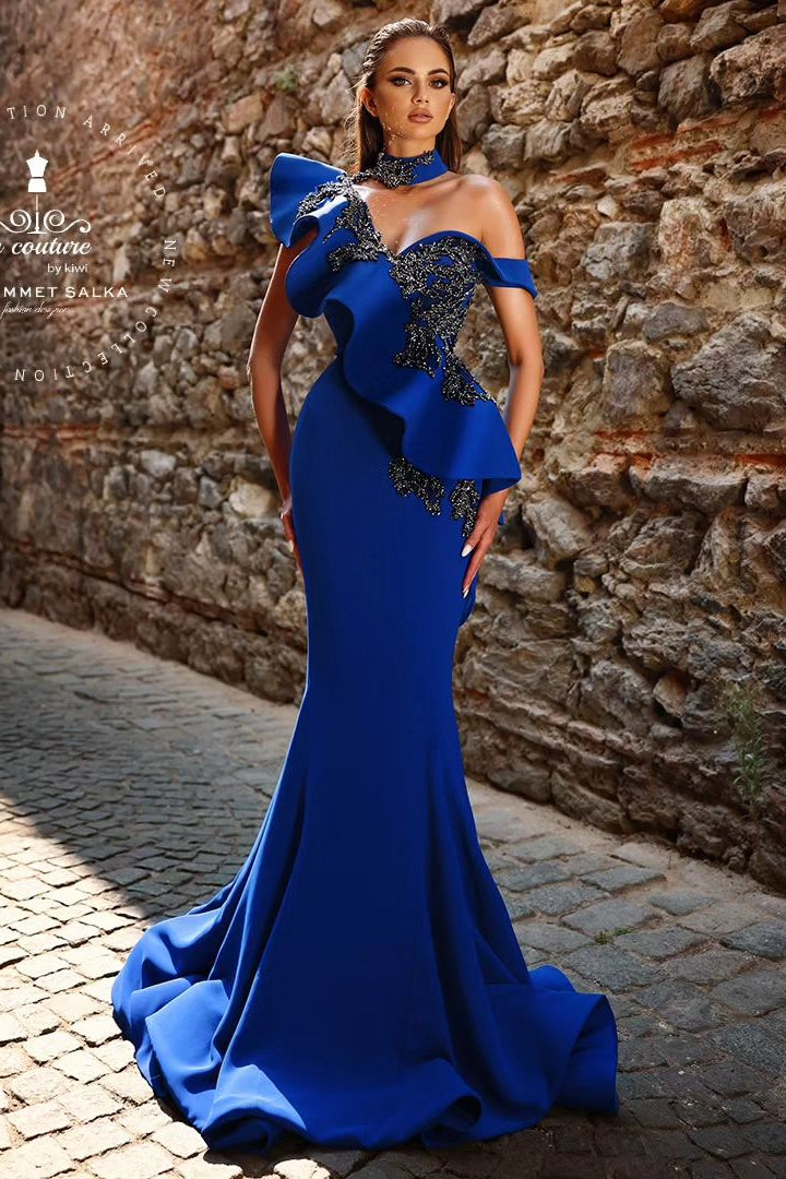 Elegant Long Royal Blue One Shoulder Mermaid Beading Lace Prom Dress With Ruffles