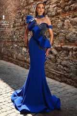 Elegant Long Royal Blue One Shoulder Mermaid Beading Lace Prom Dress With Ruffles