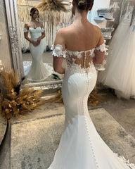 Elegant Long White Mermaid Off-the-shoulder Appliques Wedding Dress With Train