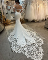 Elegant Long White Mermaid Off-the-shoulder Appliques Wedding Dress With Train