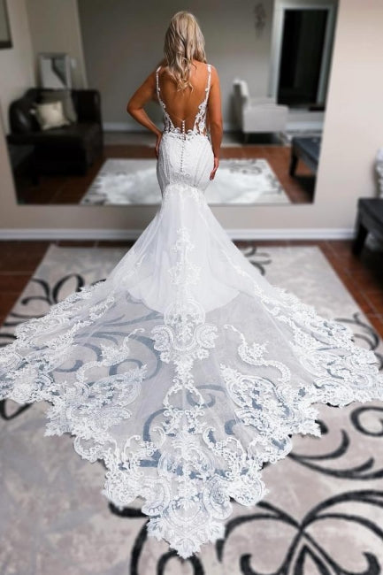 Elegant Long White Mermaid Straps V-neck Backless Wedding Dress with Lace