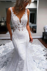 Elegant Long White Mermaid Straps V-neck Backless Wedding Dress with Lace