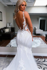 Elegant Long White Mermaid Straps V-neck Backless Wedding Dress with Lace