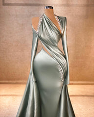 Elegant Mermaid Long Sleeve Halter Ruffles Satin Prom Dresses