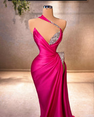 Elegant Mermaid V-neck Sleeveless Ruffles Satin Split Front Fuchsia Prom Dress