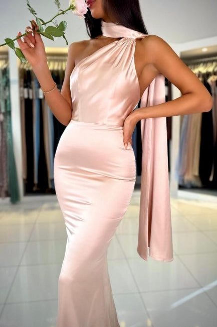 Elegant Pink Long Simple Mermaid One Shoulder Sleeveless Satin Prom Dresses