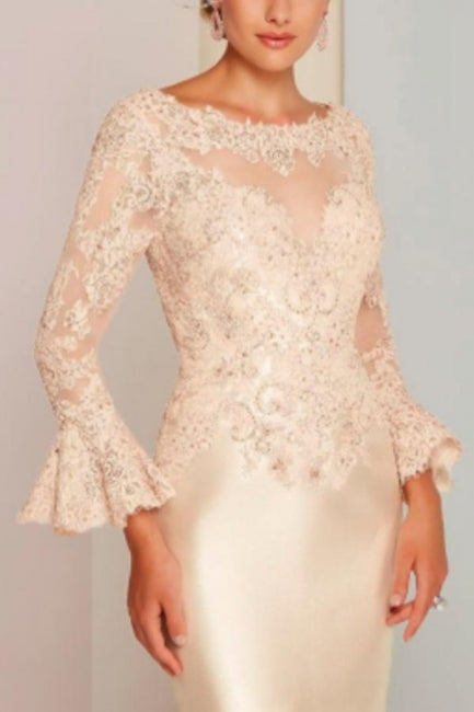 Elegant Short Lace Satin Mother of The Bride Dresses with Long Sleeves