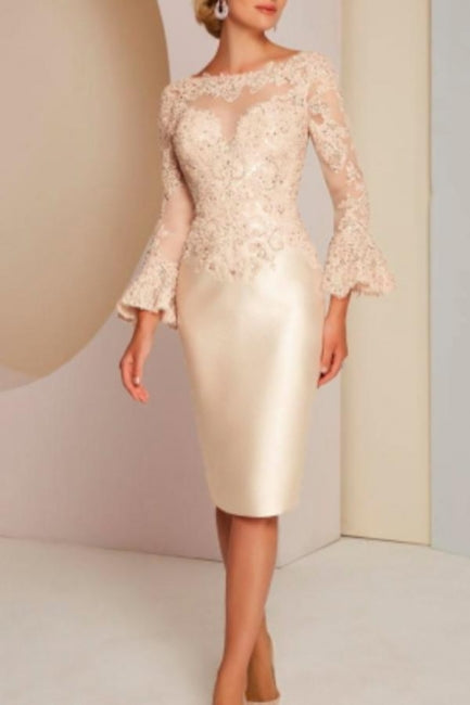 Elegant Short Lace Satin Mother of The Bride Dresses with Long Sleeves