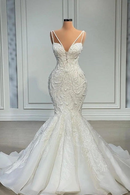 Elegant Strapless Sleeveless Mermaid Satin Floor-Length Wedding Dresses with Lace-misshow.com