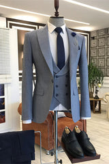 Elliott Stylish Navy Blue Peaked Lapel Three-Piece Men's Prom Suit