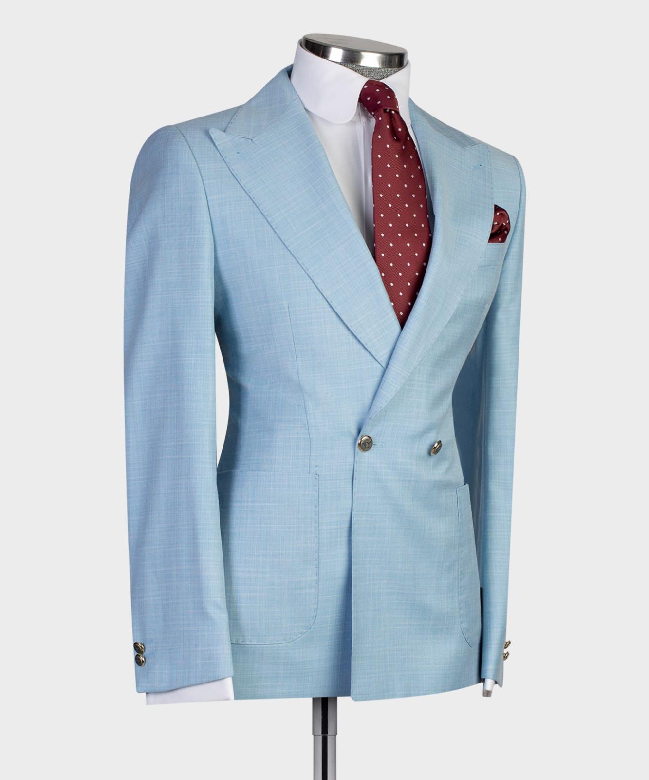 Elmer Trendy Sky Blue Double Breasted Peak Lapel Men’s Suits