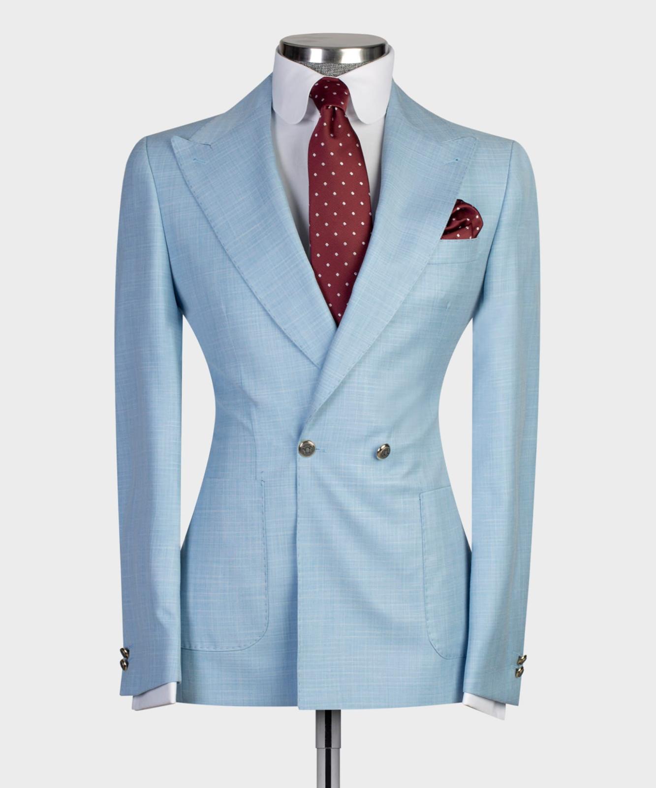 Elmer Trendy Sky Blue Double Breasted Peak Lapel Men’s Suits