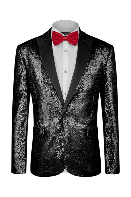 Elroy Fancy Black Sequined Peaked Lapel Two-Piece Prom Suit For Men