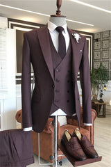 Elroy Glamorous Maroon Peaked Lapel Three-Piece Prom Ensemble for Men