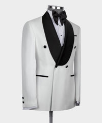 Elroy White Two-Piece Double-Breasted Wedding Suit with Black Shawl Collar