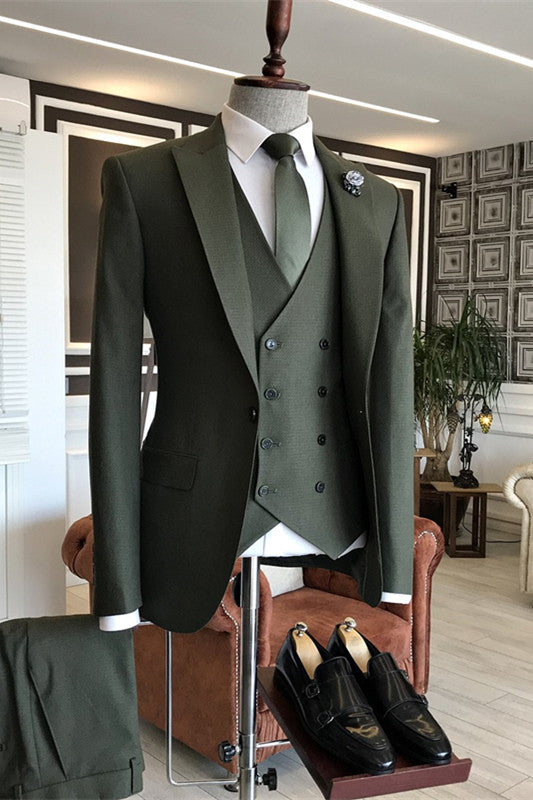 Elton Fashion Dark Green Peaked Lapel Three-Piece Prom Suit