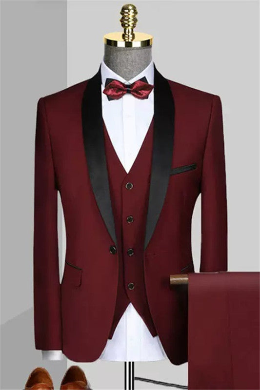 Enoch Custom Burgundy Shawl Collar Three-Piece Groom's Suit