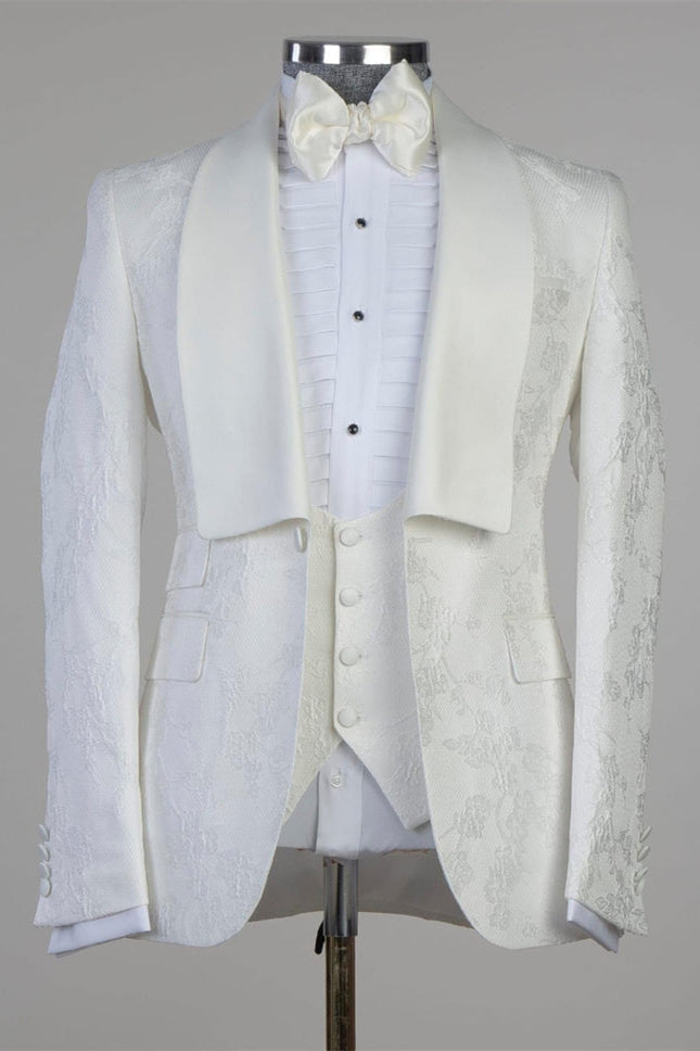 Enoch White Jacquard Latest Design Wedding Suit with Shawl Lapel