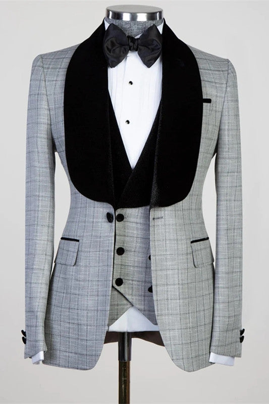 Eric Custom Gray Plaid Three-Piece Men’s Suits for Weddings