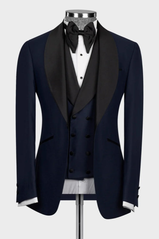 Eric Navy Blue Shawl Collar Three-Piece Wedding Men's Ensemble