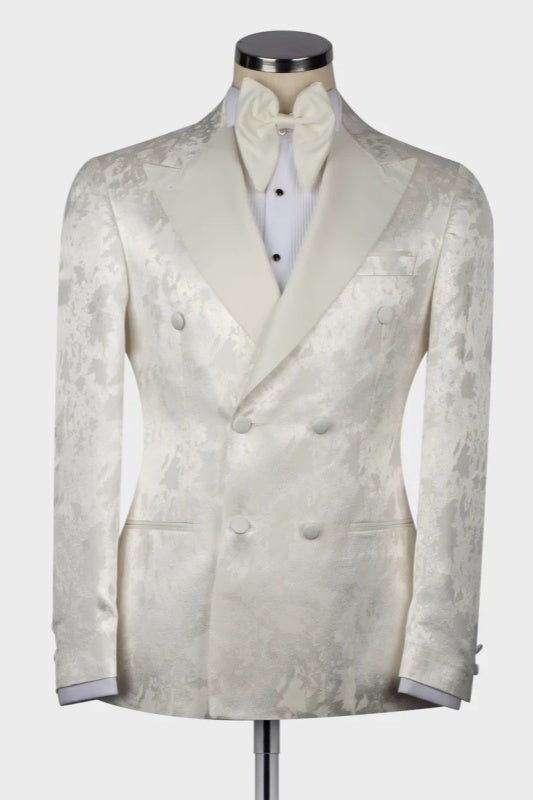 Erica White Jacquard Peaked Lapel Double-Breasted Suit for Men