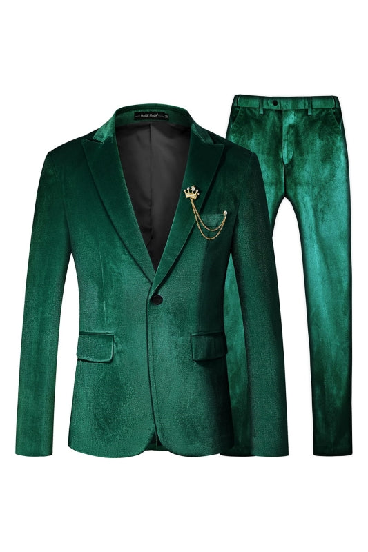 Ernest Bespoke Green Peaked Lapel Two-Piece Velvet Prom Suit