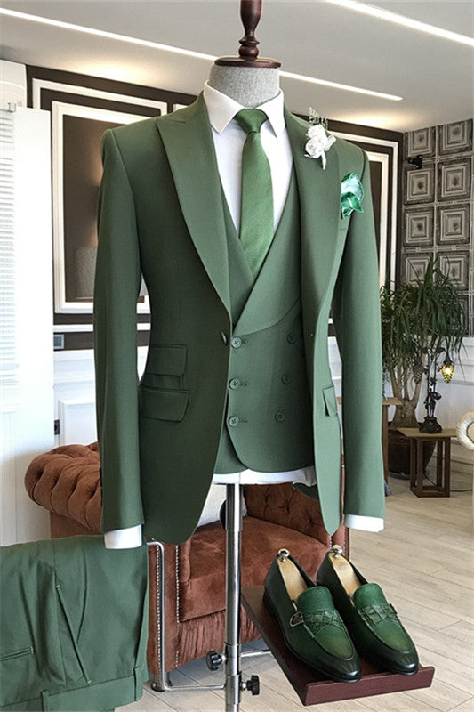 Ernest Modern Sage Green Peaked Lapel Three Piece Prom Suit