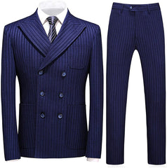 Ethan Elegant Blue Double-Breasted Peak Lapel Striped Business Attire