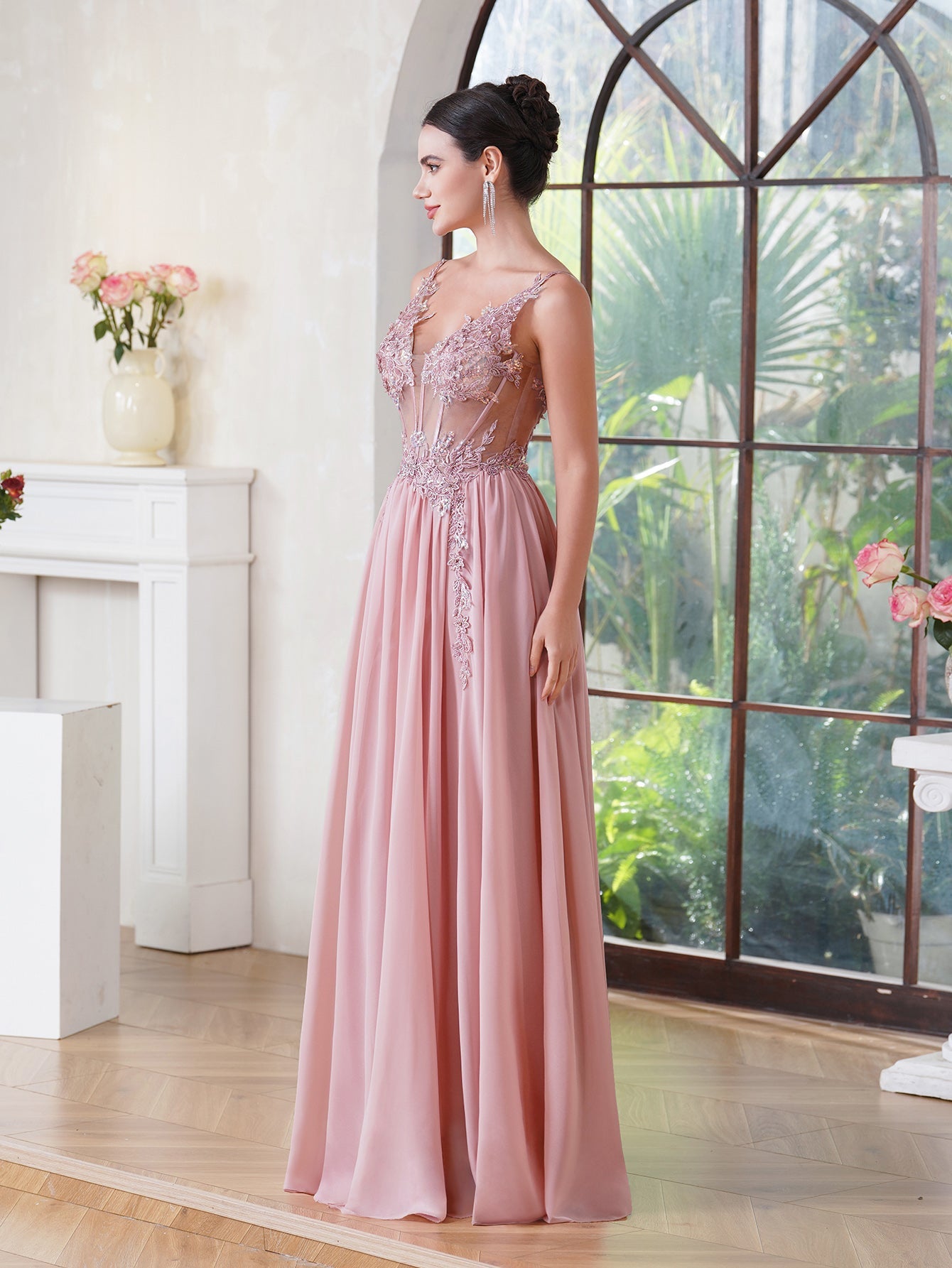 Fabulous A-line Spaghetti Straps Pleated Chiffon Floor Length Dress with Appliques-misshow.com