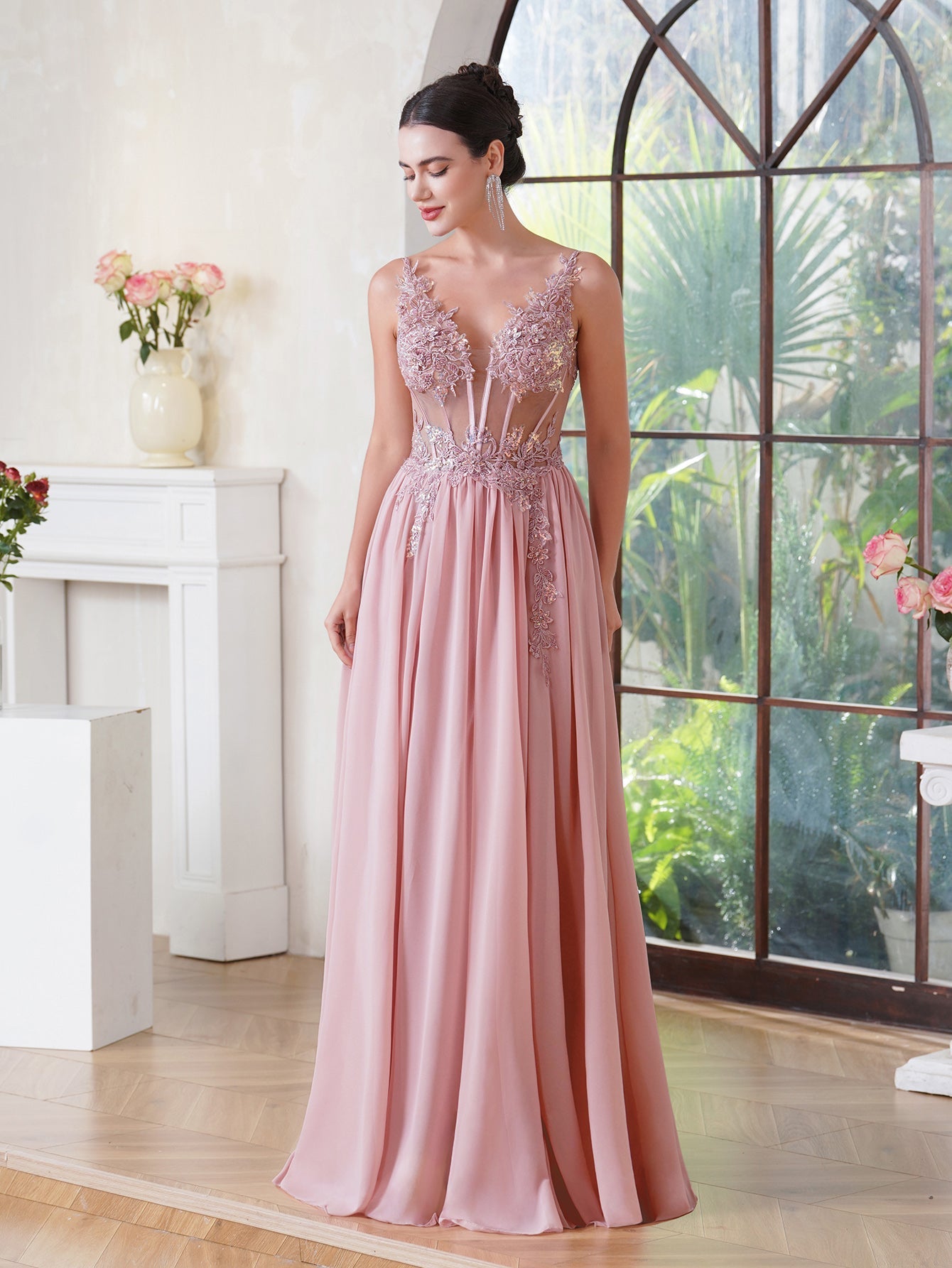 Fabulous A-line Spaghetti Straps Pleated Chiffon Floor Length Dress with Appliques-misshow.com