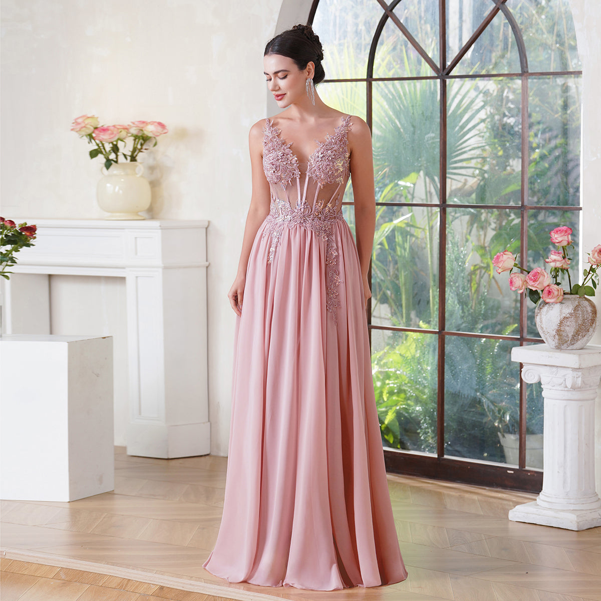 Fabulous A-line Spaghetti Straps Pleated Chiffon Floor Length Dress with Appliques-misshow.com