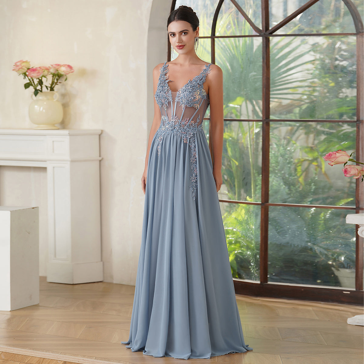 Fabulous A-line Spaghetti Straps Pleated Chiffon Floor Length Dress with Appliques-misshow.com