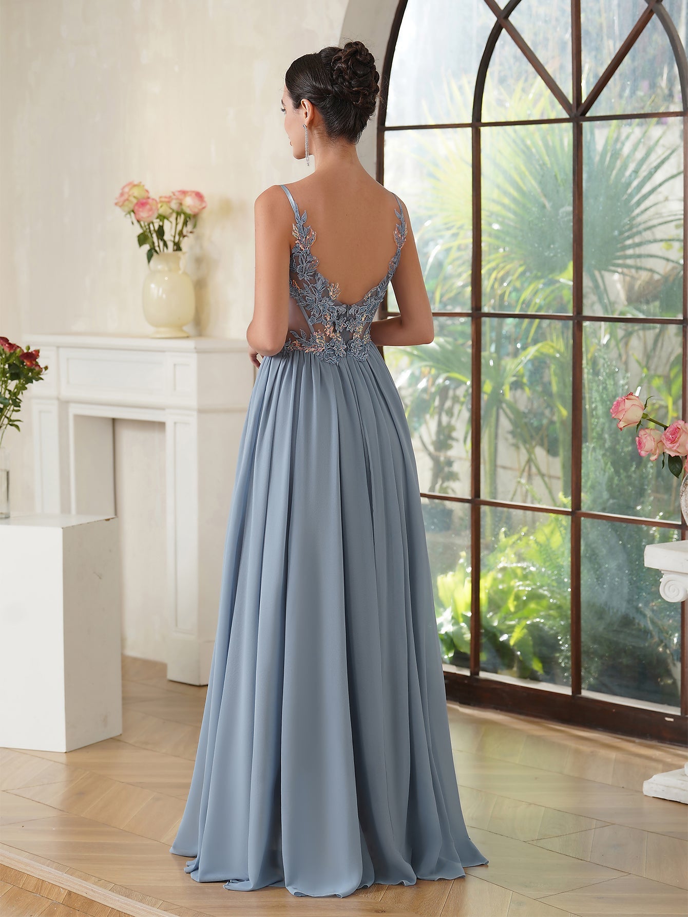 Fabulous A-line Spaghetti Straps Pleated Chiffon Floor Length Dress with Appliques-misshow.com