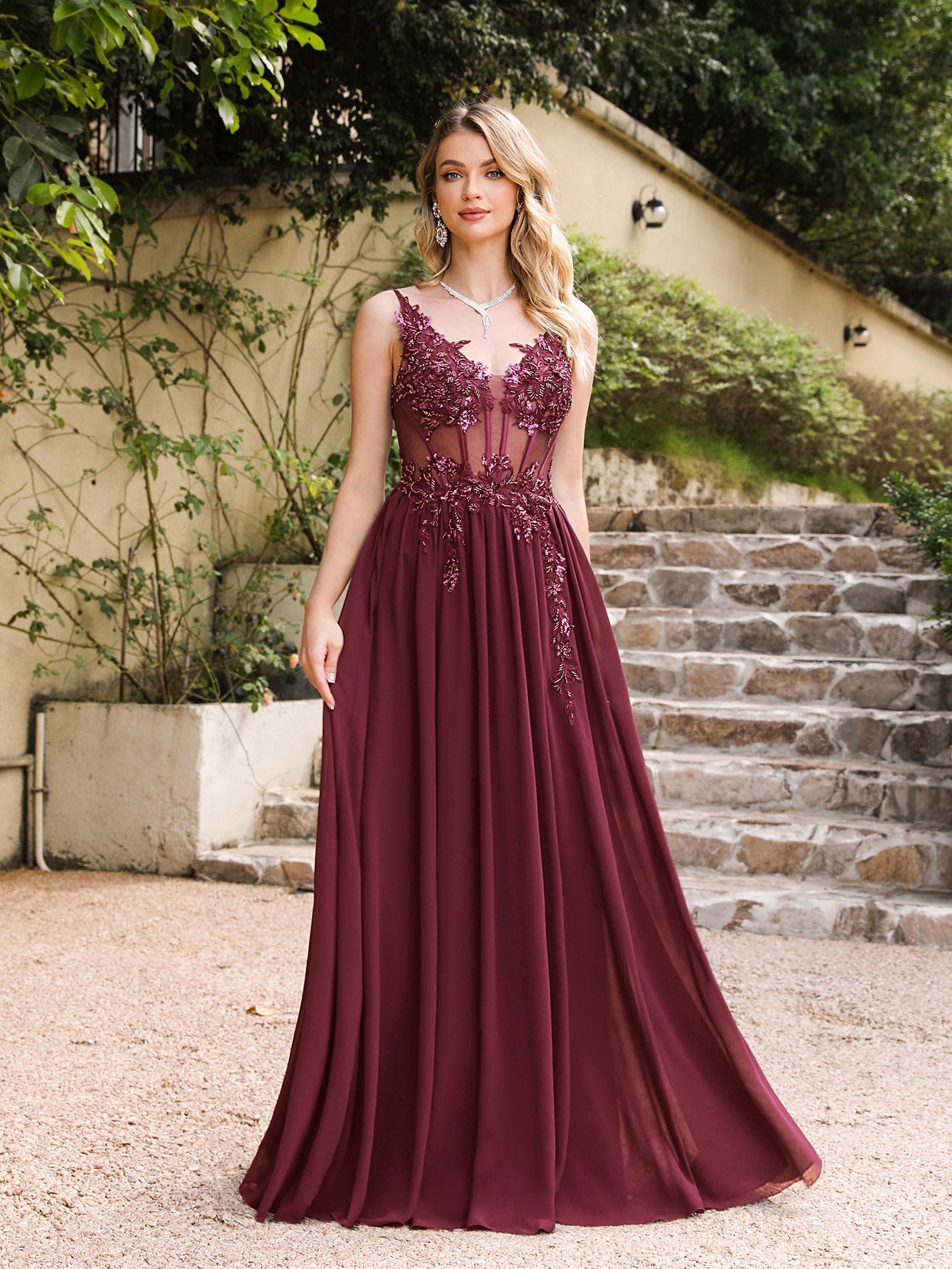 Fabulous A-line Spaghetti Straps Pleated Chiffon Floor Length Dress with Appliques-misshow.com