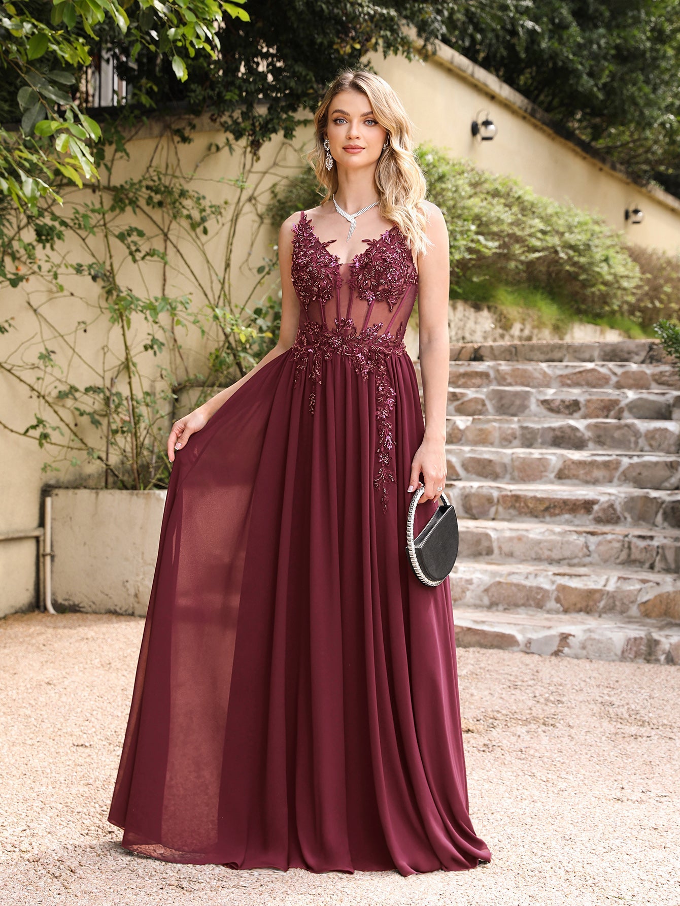 Fabulous A-line Spaghetti Straps Pleated Chiffon Floor Length Dress with Appliques-misshow.com