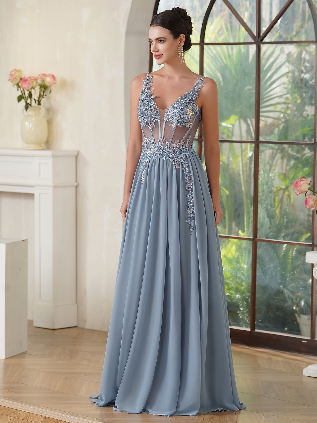 Fabulous A-line Spaghetti Straps Pleated Chiffon Floor Length Dress with Appliques-misshow.com