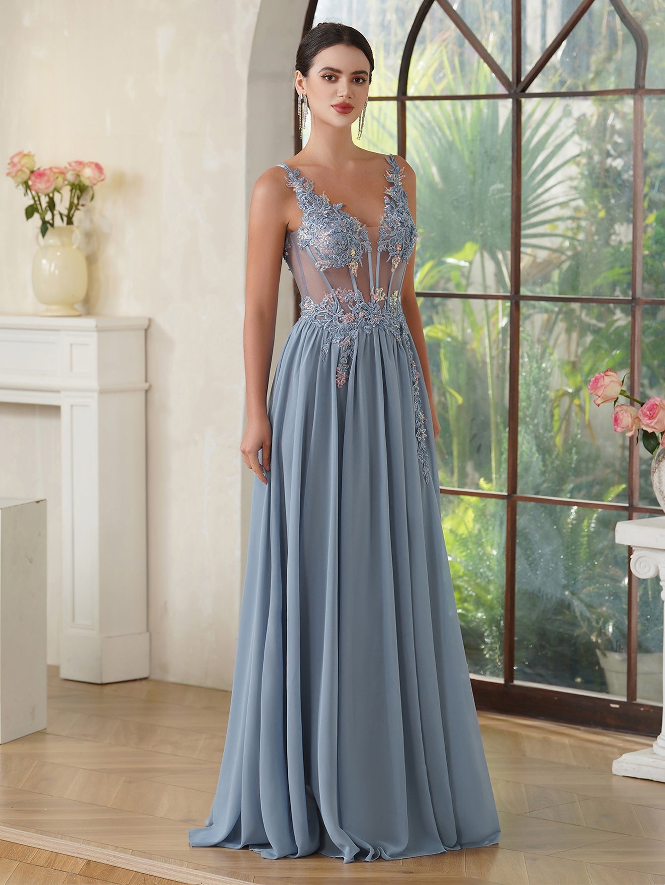 Fabulous A-line Spaghetti Straps Pleated Chiffon Floor Length Dress with Appliques-misshow.com