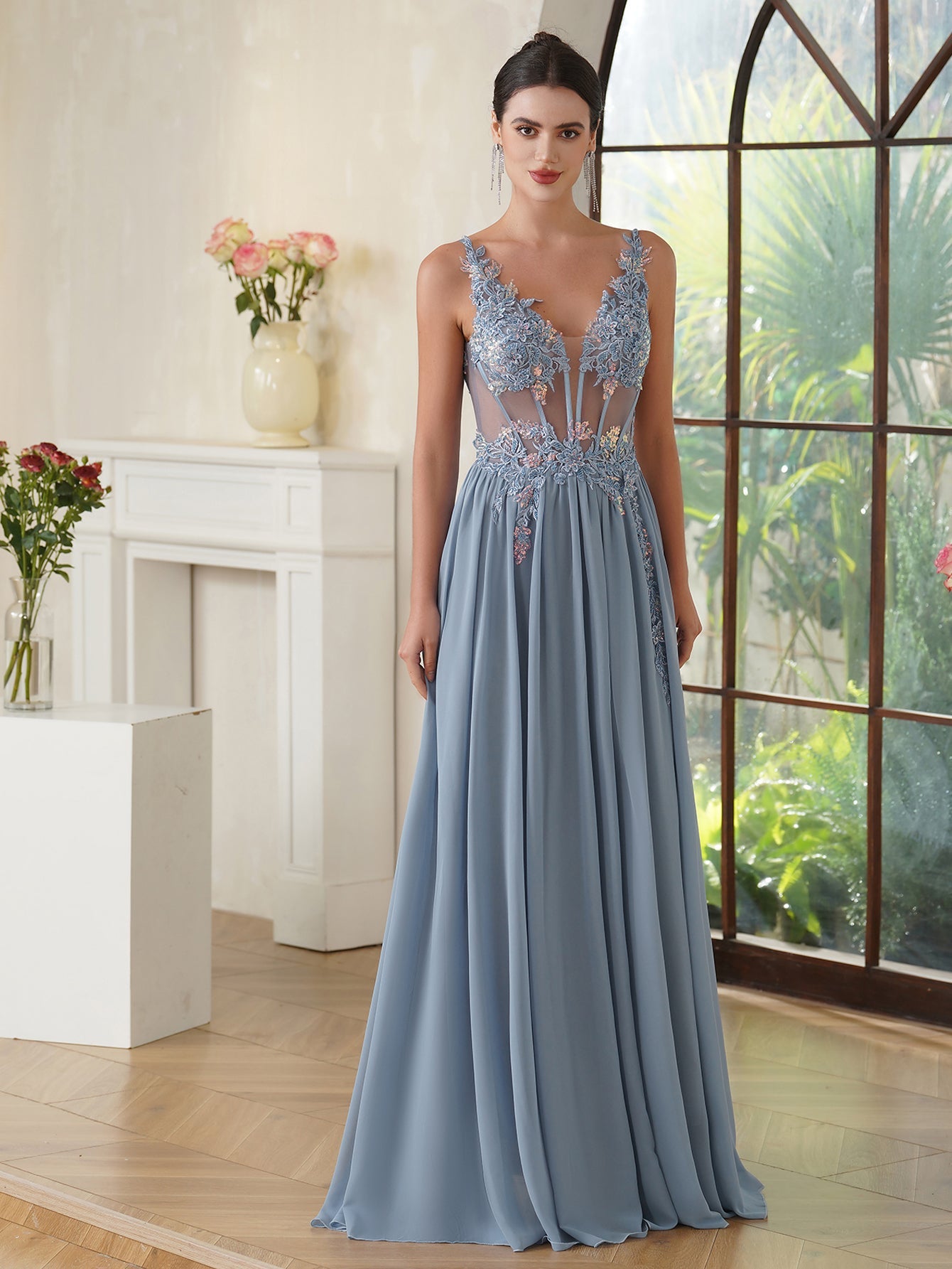 Fabulous A-line Spaghetti Straps Pleated Chiffon Floor Length Dress with Appliques-misshow.com