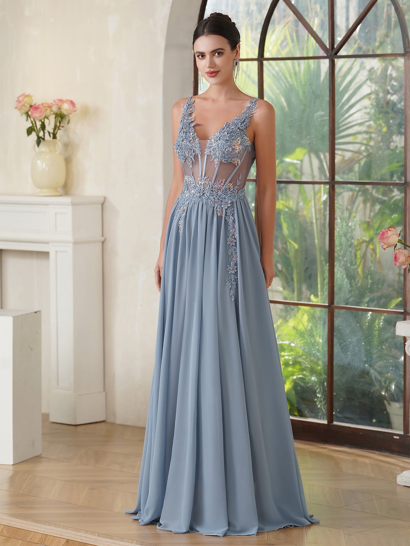 Fabulous A-line Spaghetti Straps Pleated Chiffon Floor Length Dress with Appliques-misshow.com