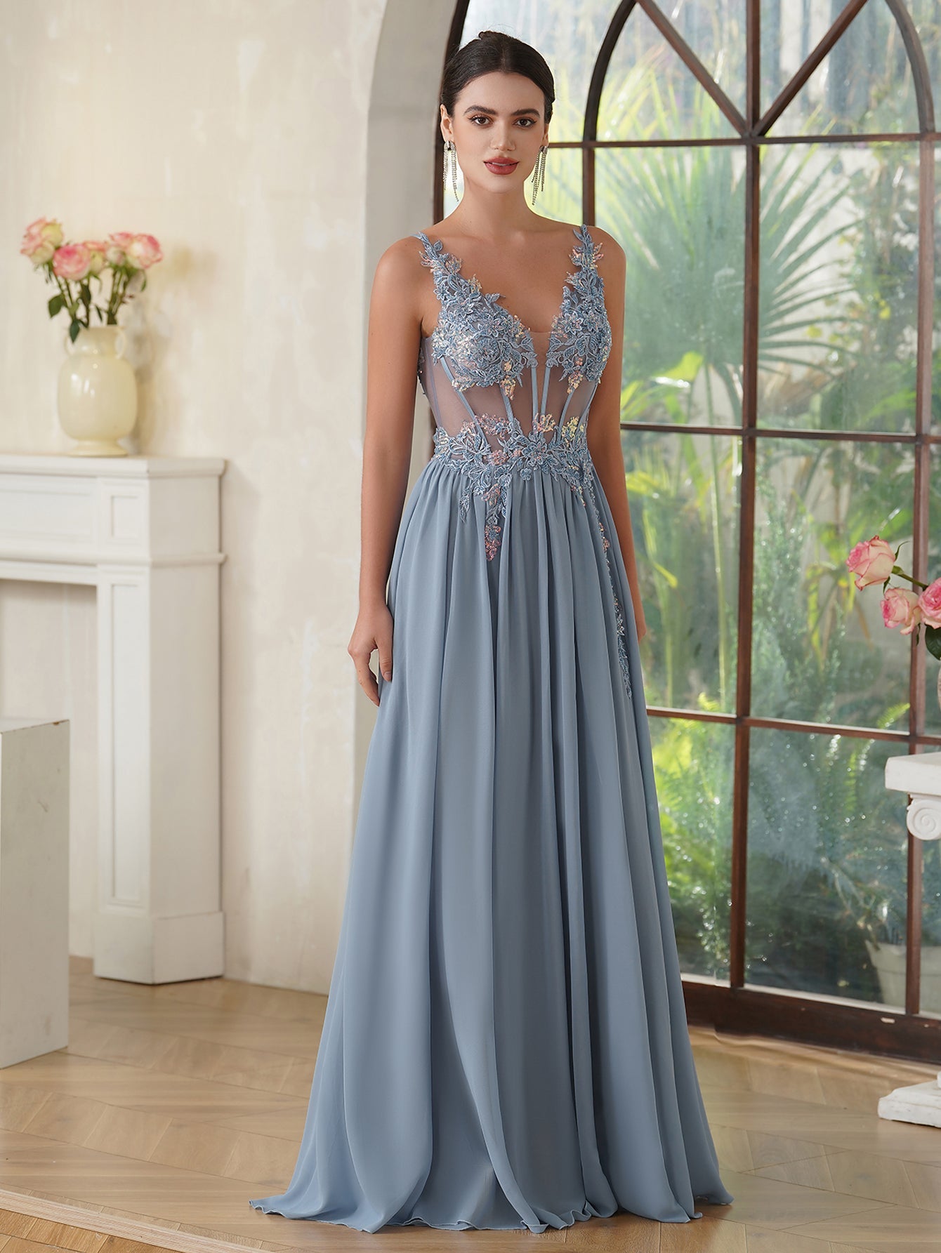 Fabulous A-line Spaghetti Straps Pleated Chiffon Floor Length Dress with Appliques-misshow.com