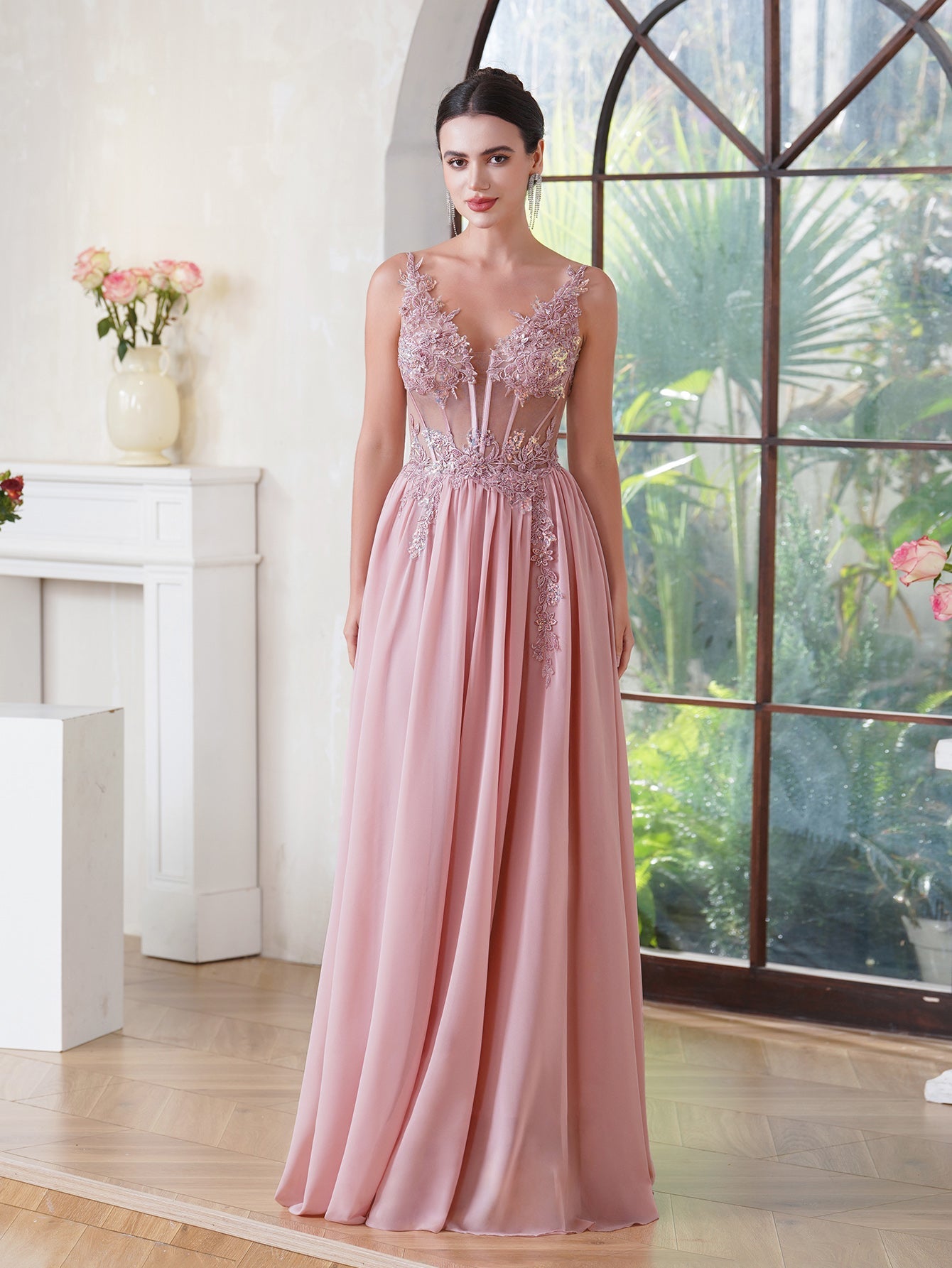 Fabulous A-line Spaghetti Straps Pleated Chiffon Floor Length Dress with Appliques-misshow.com