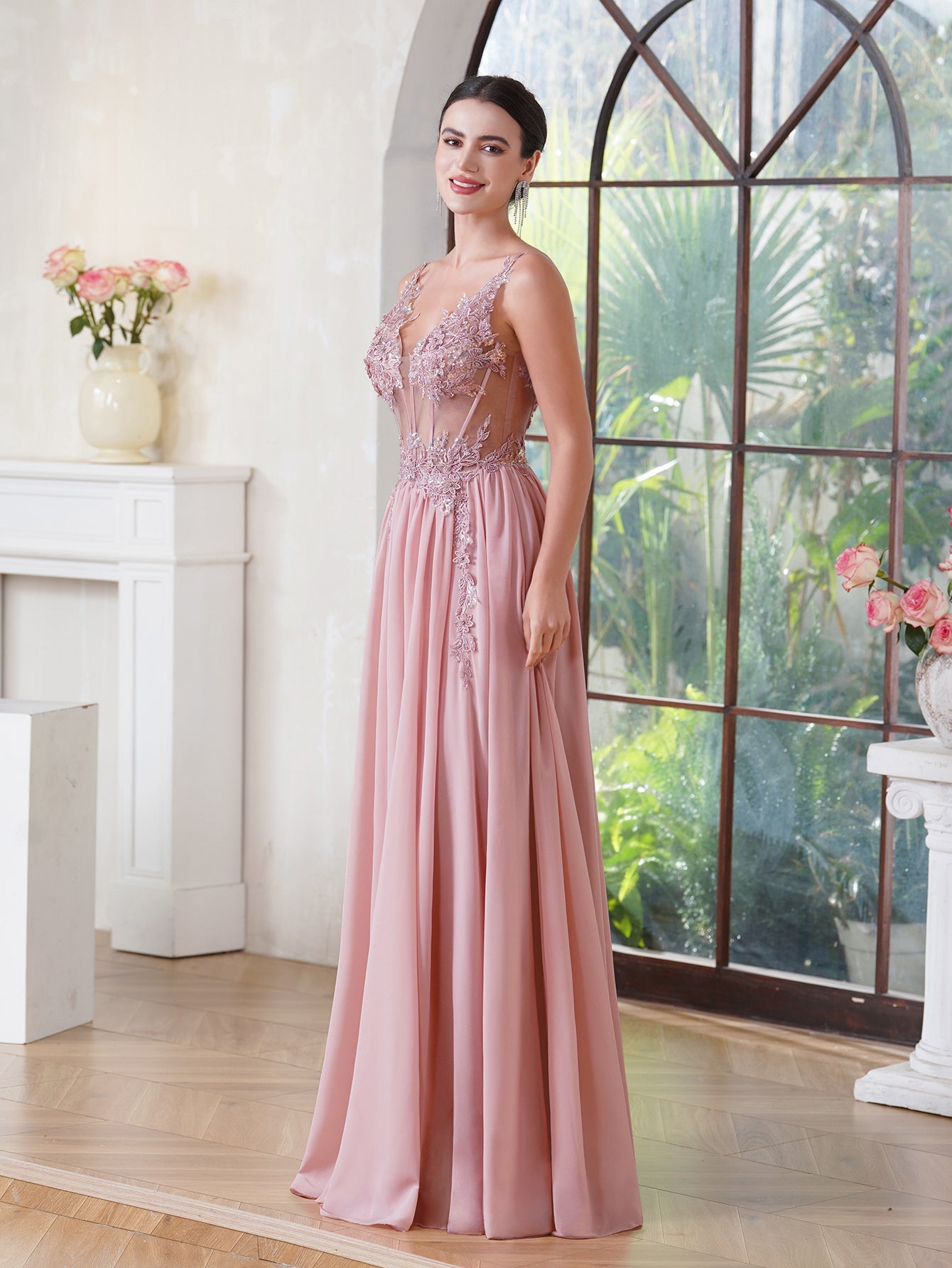 Fabulous A-line Spaghetti Straps Pleated Chiffon Floor Length Dress with Appliques-misshow.com