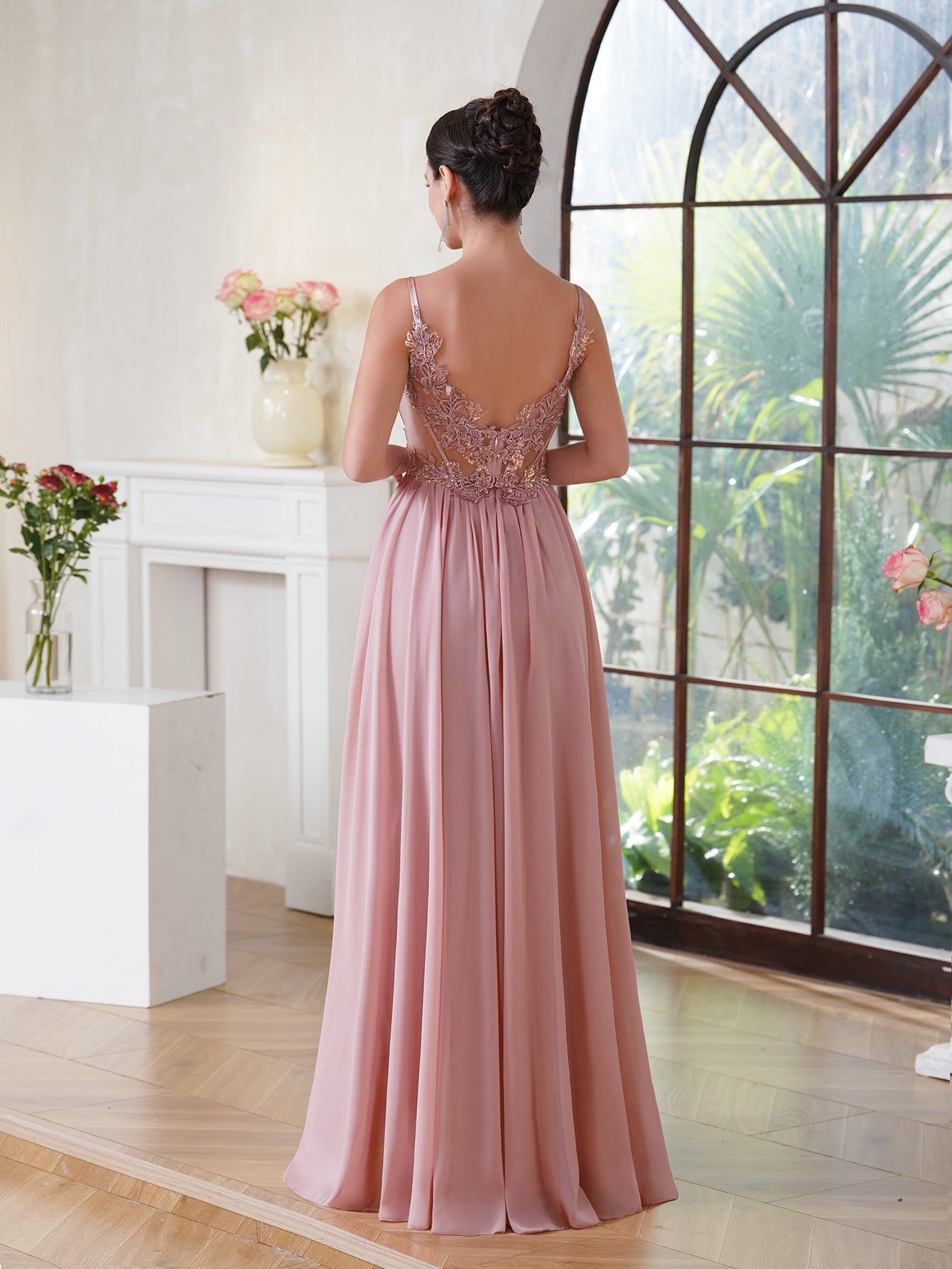 Fabulous A-line Spaghetti Straps Pleated Chiffon Floor Length Dress with Appliques-misshow.com