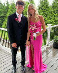 Fabulous Column Satin Spaghetti Straps Sleeveless Pink Prom Dresses With Appliques Split Front