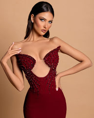 Fabulous Column Strapless Sleeveless Rhinestone Satin Burgundy Prom Dresses