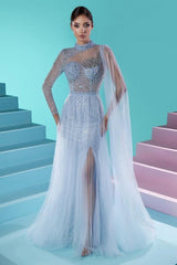 Fabulous Long A-line High Neck Long Sleeve Beading Prom Dress With Slit