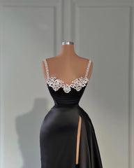 Fabulous Long Black A-line Straps Crystal Sleeveless Prom Dress With Slit