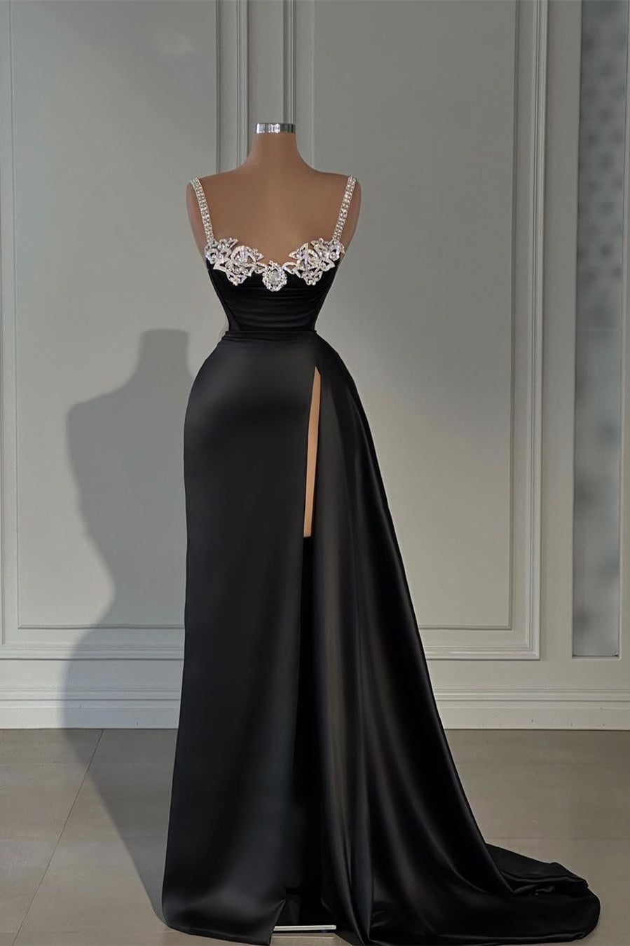 Fabulous Long Black A-line Straps Crystal Sleeveless Prom Dress With Slit