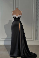 Fabulous Long Black A-line Straps Crystal Sleeveless Prom Dress With Slit