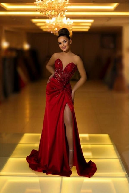 Fabulous Long Burgundy V-neck Lace Satin Prom Dress with Slit